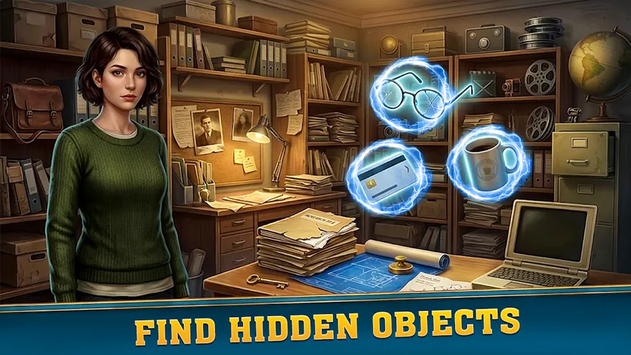 100 Doors of Artifact Mystery: a cluttered study lit by a desk lamp, with objects to find