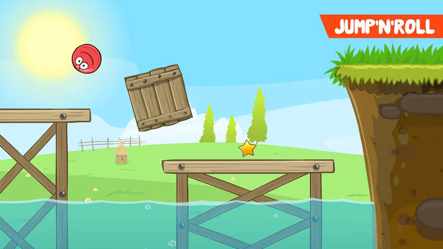 Red Ball 4: a red ball bouncing across wooden platforms above green hills