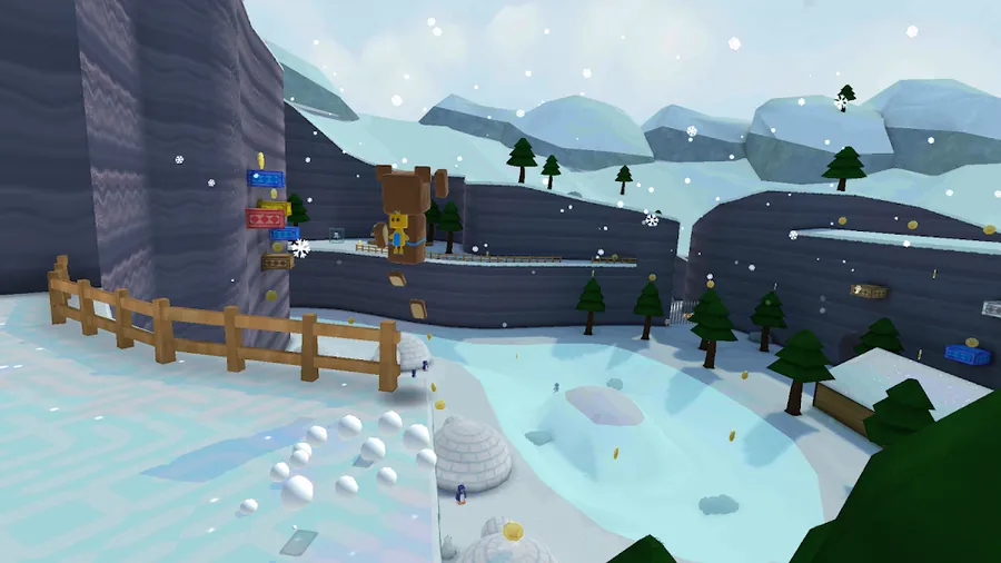 Super Bear Adventure: a snowy low-poly valley with a wooden fence and a path leading away